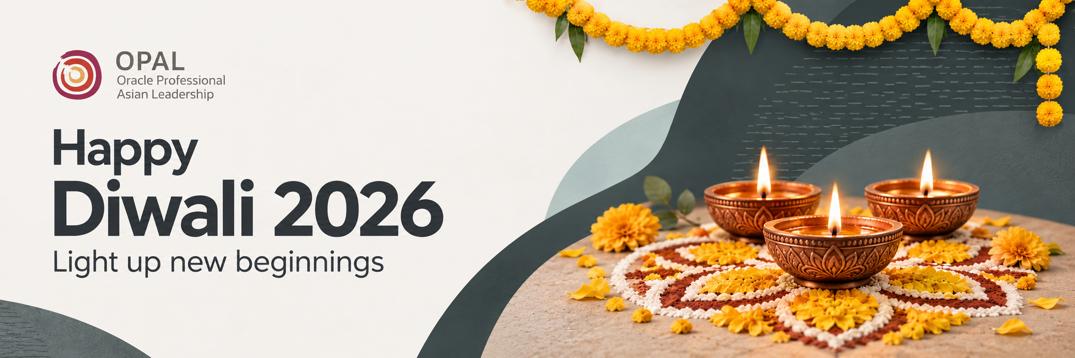 OPAL — Oracle Professional Asian Leadership. Happy Diwali 2026. Light up new beginnings. Marigold garlands, glowing diyas, and a floral rangoli.